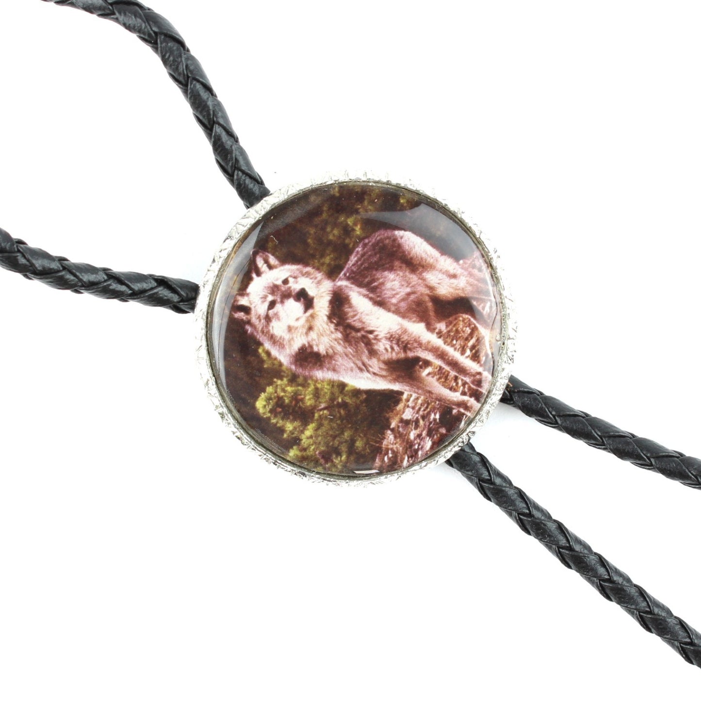 Western Wolf Bolo Tie Round Silver Color Pendant 36 inch Black Cord Made in USA