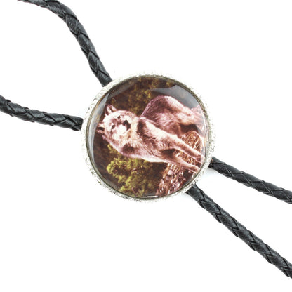 Western Wolf Bolo Tie Round Silver Color Pendant 36 inch Black Cord Made in USA