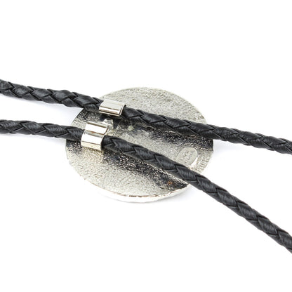 Western Wolf Bolo Tie Round Silver Color Pendant 36 inch Black Cord Made in USA