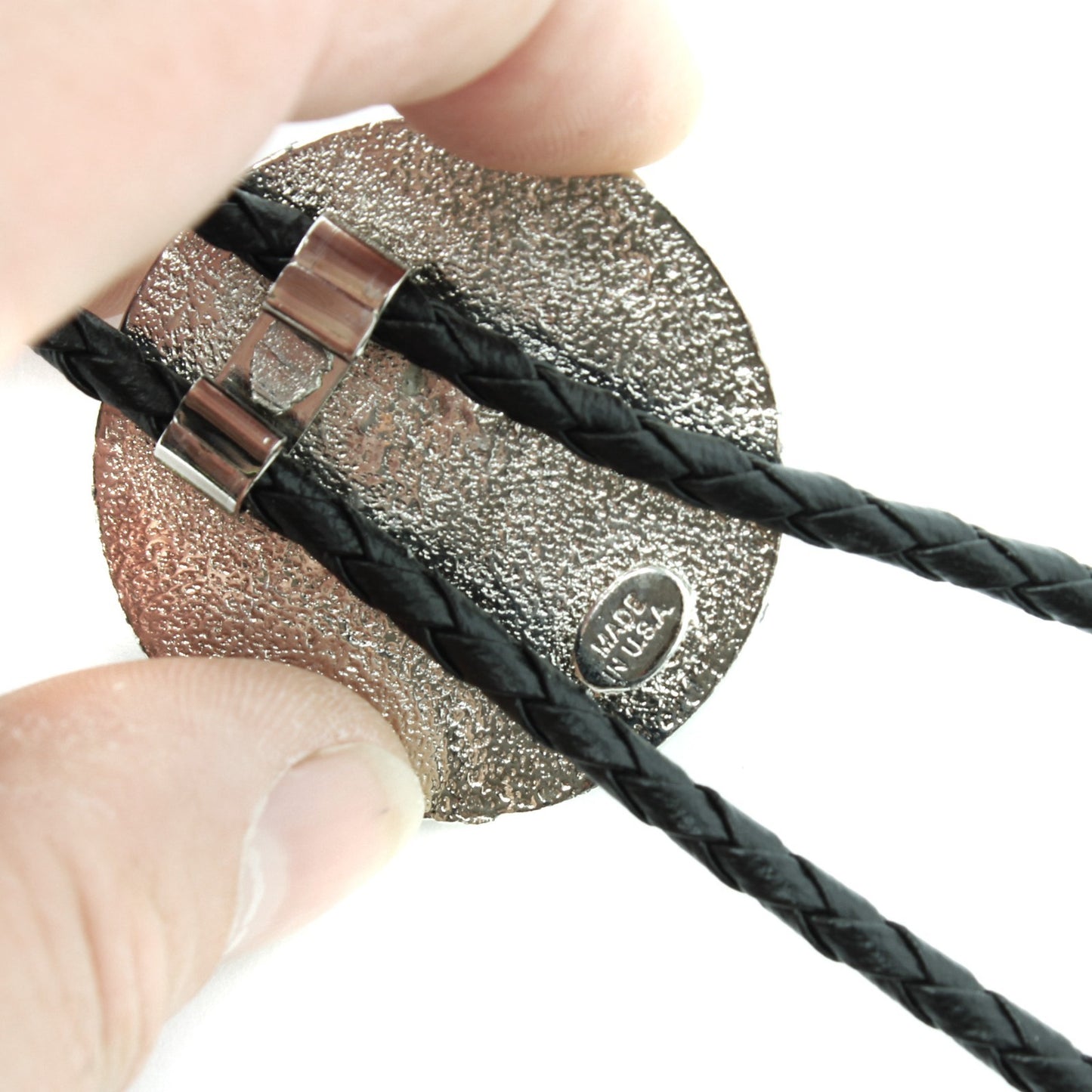 Western Wolf Bolo Tie Round Silver Color Pendant 36 inch Black Cord Made in USA