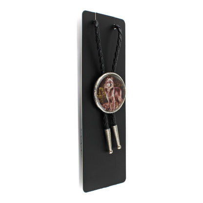 Western Wolf Bolo Tie Round Silver Color Pendant 36 inch Black Cord Made in USA