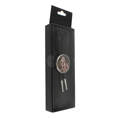 Western Wolf Bolo Tie Round Silver Color Pendant 36 inch Black Cord Made in USA