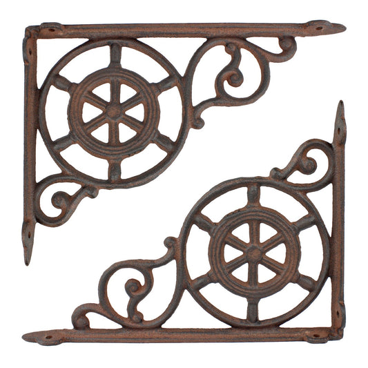 2 Rustic Cast Iron Ship's Helm Wheel Shelf Brackets Corner Brace 9 x 6 5/8 inch