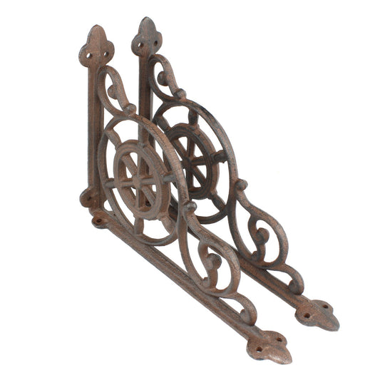2 Rustic Cast Iron Ship's Helm Wheel Shelf Brackets Corner Brace 9 x 6 5/8 inch