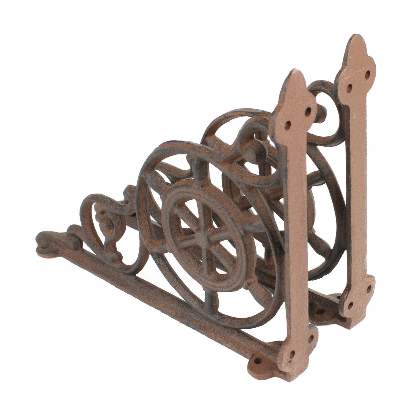 2 Rustic Cast Iron Ship's Helm Wheel Shelf Brackets Corner Brace 9 x 6 5/8 inch