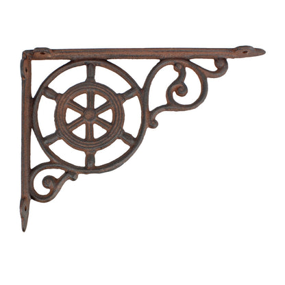 2 Rustic Cast Iron Ship's Helm Wheel Shelf Brackets Corner Brace 9 x 6 5/8 inch