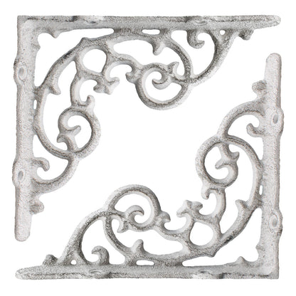 2 Shelf Brackets Scrolls Cast Iron Brace Rustic Antique White 6 1/4 x 5 1/4 inch
