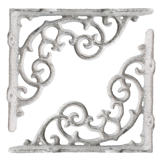 2 Shelf Brackets Scrolls Cast Iron Brace Rustic Antique White 6 1/4 x 5 1/4 inch