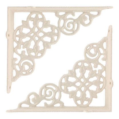 2 Cream Cast Iron Lattice Shelf Brackets Antique Style Scrolls 7 3/4 x 6 1/4 in