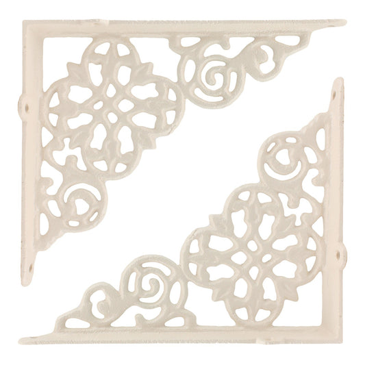 2 Cream Cast Iron Lattice Shelf Brackets Antique Style Scrolls 7 3/4 x 6 1/4 in