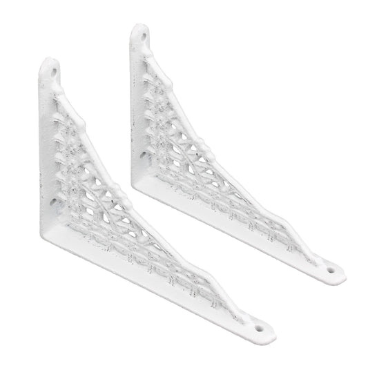 2 Small Cast Iron Lattice Shelf Brackets Distressed Rustic White 5 x 4 inch