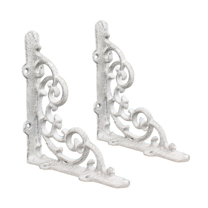 2 Shelf Brackets Scrolls Cast Iron Brace Rustic Antique White 6 1/4 x 5 1/4 inch