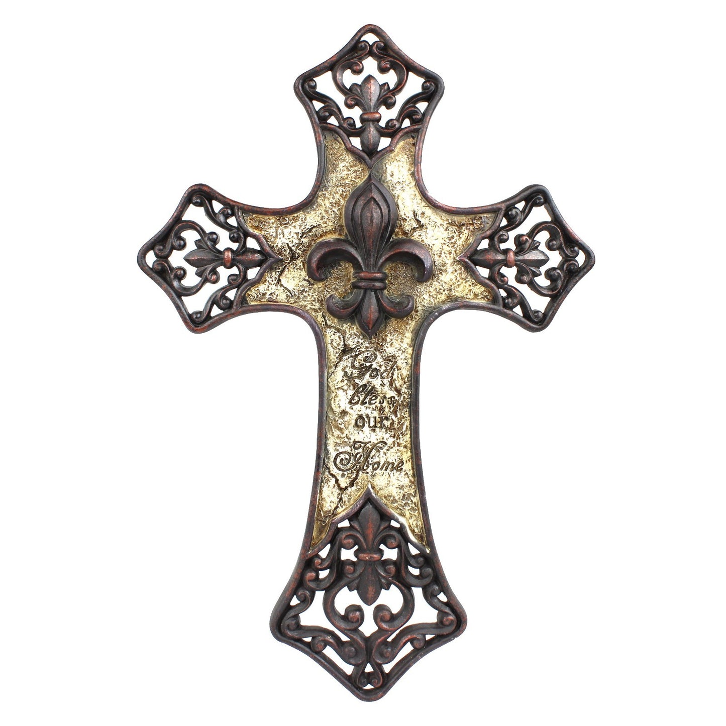 Fleur De Lis Religious Wall Cross Decor God Bless Our Home Brown 15 x 10 inch
