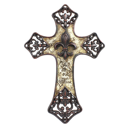 Fleur De Lis Religious Wall Cross Decor God Bless Our Home Brown 15 x 10 inch