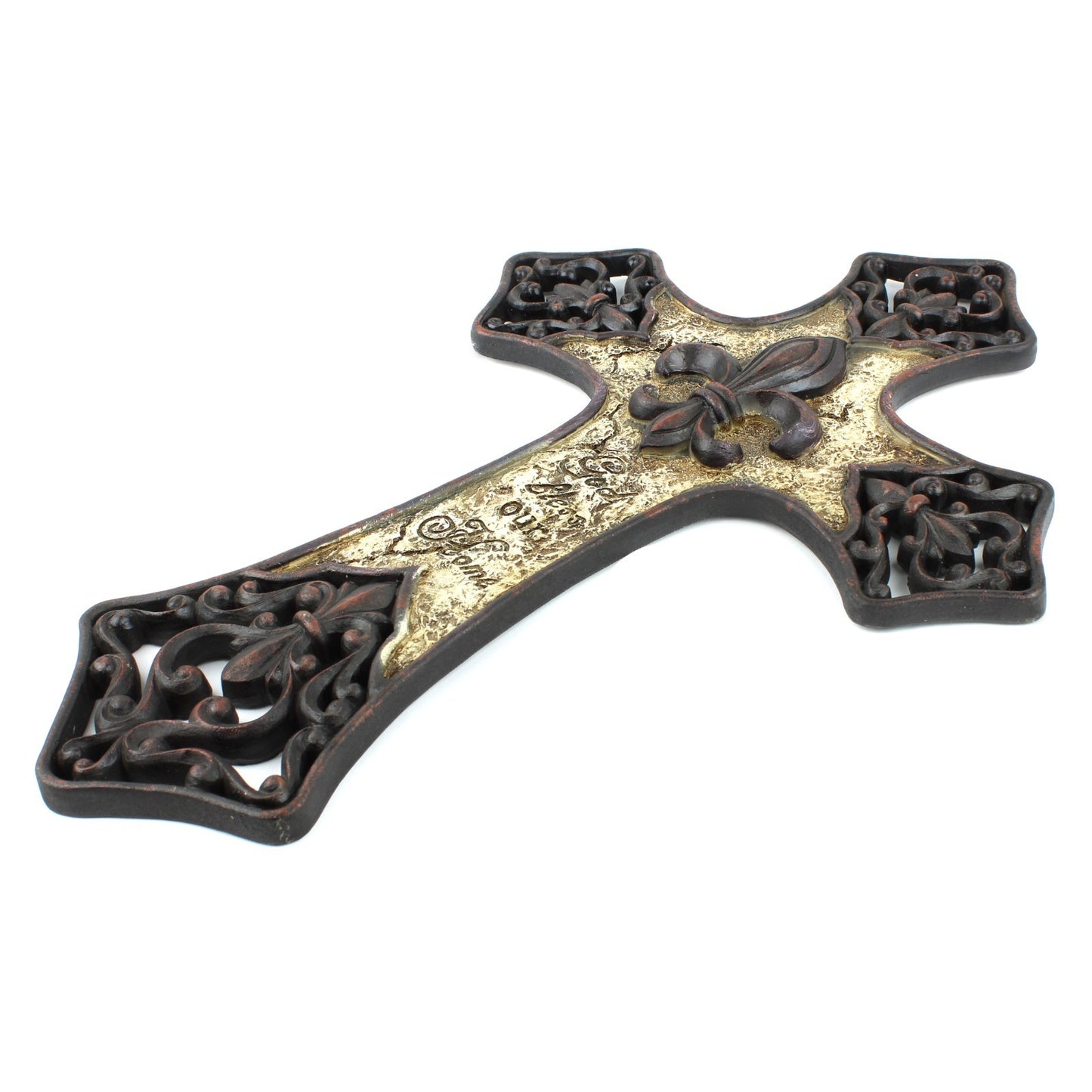 Fleur De Lis Religious Wall Cross Decor God Bless Our Home Brown 15 x 10 inch