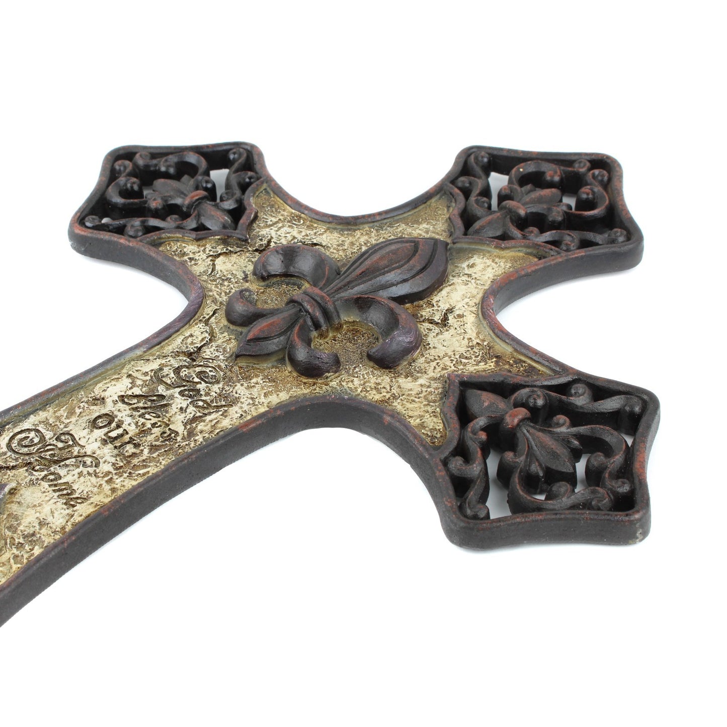 Fleur De Lis Religious Wall Cross Decor God Bless Our Home Brown 15 x 10 inch