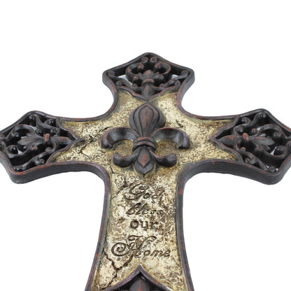 Fleur De Lis Religious Wall Cross Decor God Bless Our Home Brown 15 x 10 inch