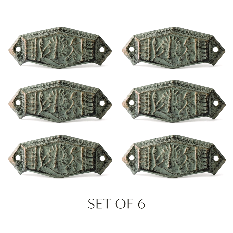 6 Floral Art Deco Cabinet Drawer Cup Pulls Cast Iron Antique Green & Gold 4 in