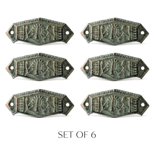6 Floral Art Deco Cabinet Drawer Cup Pulls Cast Iron Antique Green & Gold 4 in