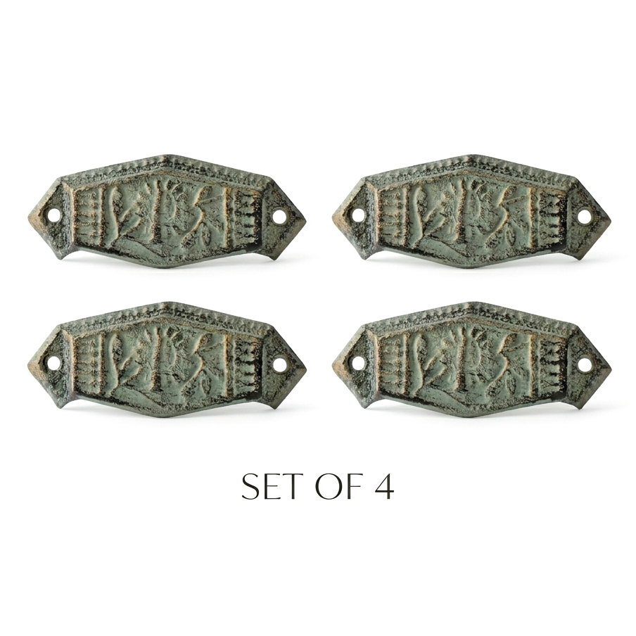 4 Floral Art Deco Cabinet Drawer Cup Pulls Cast Iron Antique Green & Gold 4 in