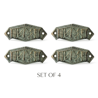 4 Floral Art Deco Cabinet Drawer Cup Pulls Cast Iron Antique Green & Gold 4 in