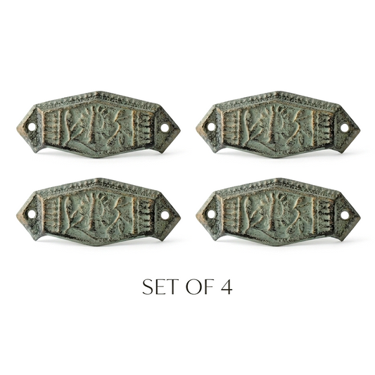 4 Floral Art Deco Cabinet Drawer Cup Pulls Cast Iron Antique Green & Gold 4 in