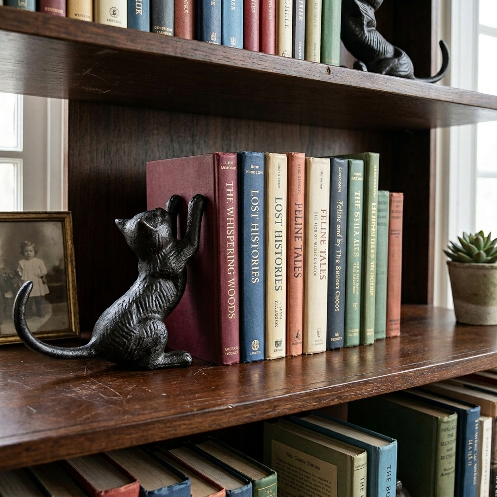 Black Cast Iron Playful Cat Figurine Heavy-Duty Antique Style Decor & Bookend