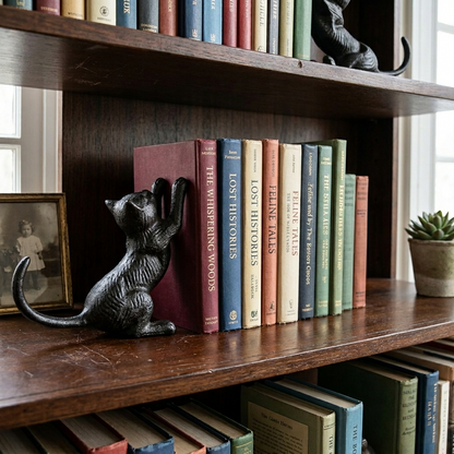 Black Cast Iron Playful Cat Figurine Heavy-Duty Antique Style Decor & Bookend
