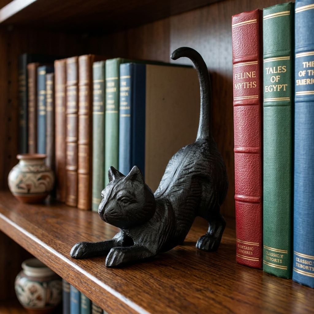 Black Cast Iron Playful Cat Figurine Heavy-Duty Antique Style Decor & Bookend