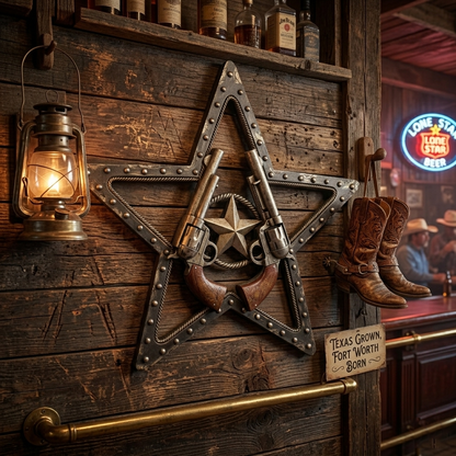 Rustic Western Resin Texas Star Sheriff Wall Decor Revolver Faux Metal 16 inch
