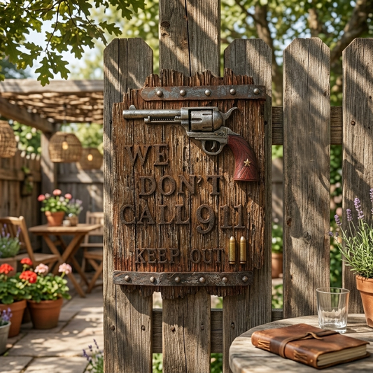 Rustic We Don't Call 911 Keep Out Wall Decor Resin Sign Revolver Bullets 11.5 in