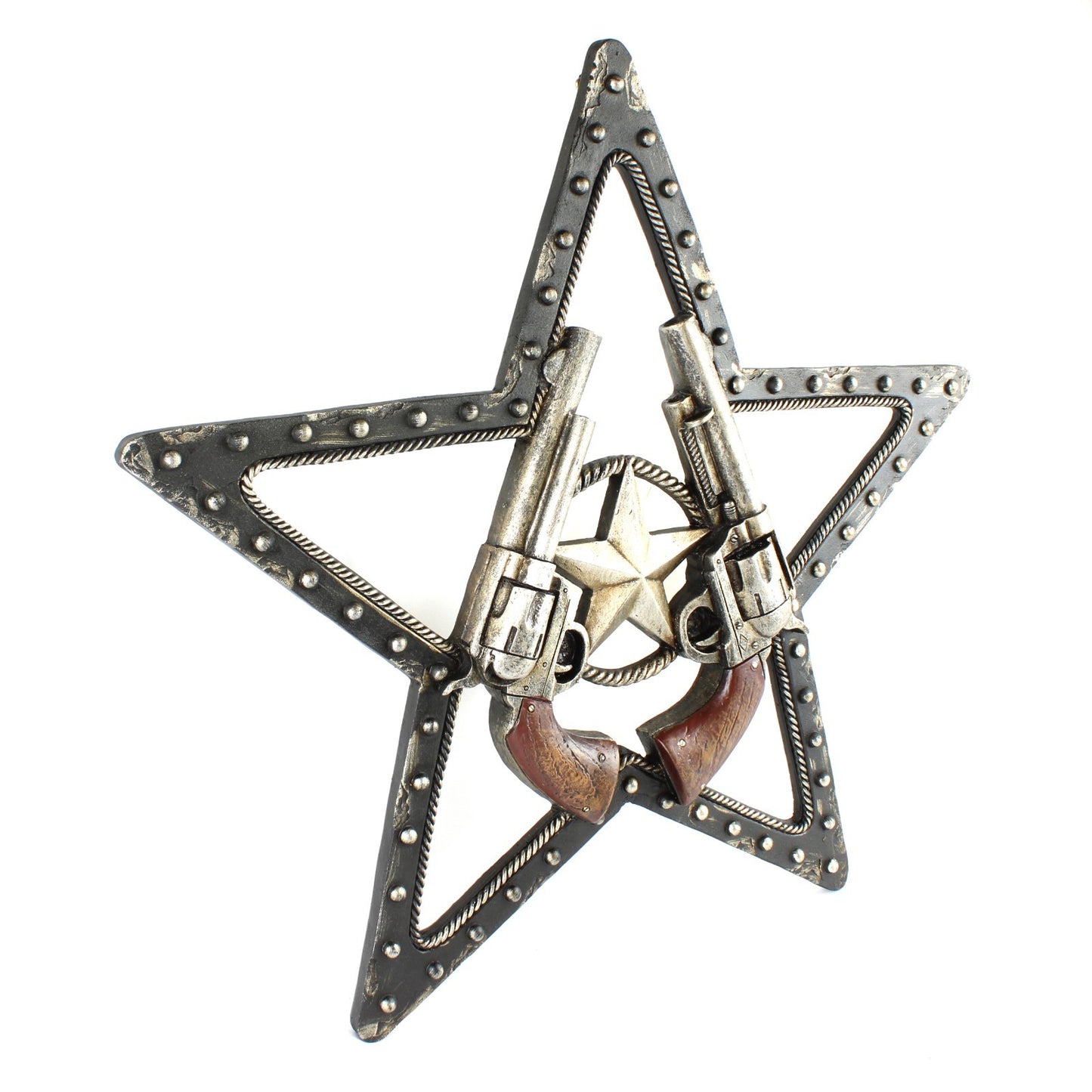 Rustic Western Resin Texas Star Sheriff Wall Decor Revolver Faux Metal 16 inch