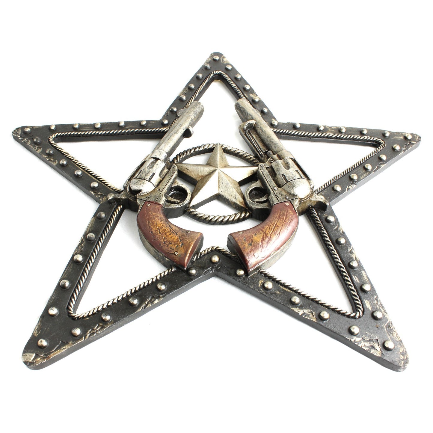 Rustic Western Resin Texas Star Sheriff Wall Decor Revolver Faux Metal 16 inch