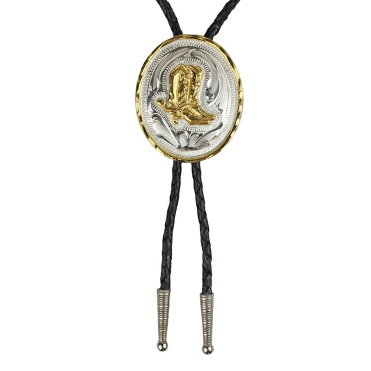Western Cowboy Bolo Tie Double Boots German Silver Etched Pendant 36 inch Cord