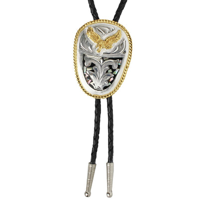 Western Cowboy Bolo Tie Eagle Abalone German Silver Etched Pendant 36 inch Cord