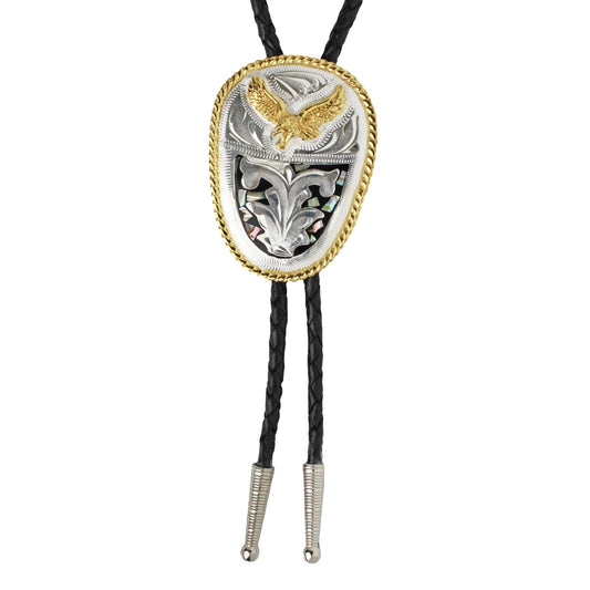 Western Cowboy Bolo Tie Eagle Abalone German Silver Etched Pendant 36 inch Cord