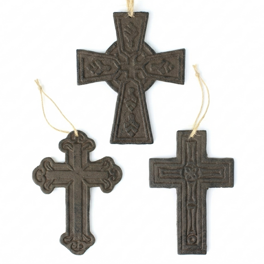 3 Assorted Small Cast Iron Wall Crosses Religious Rustic Home Decor 5 3/8 inch