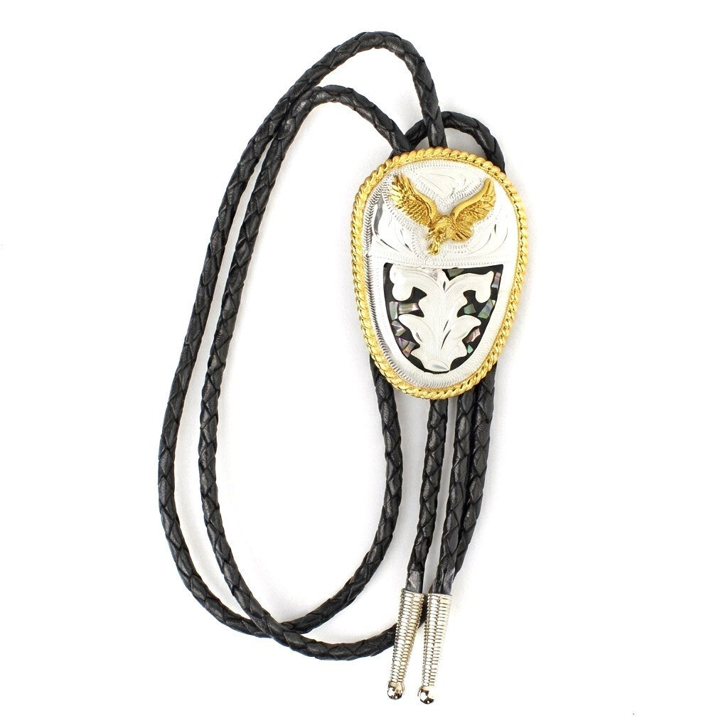 Western Cowboy Bolo Tie Eagle Abalone German Silver Etched Pendant 36 inch Cord