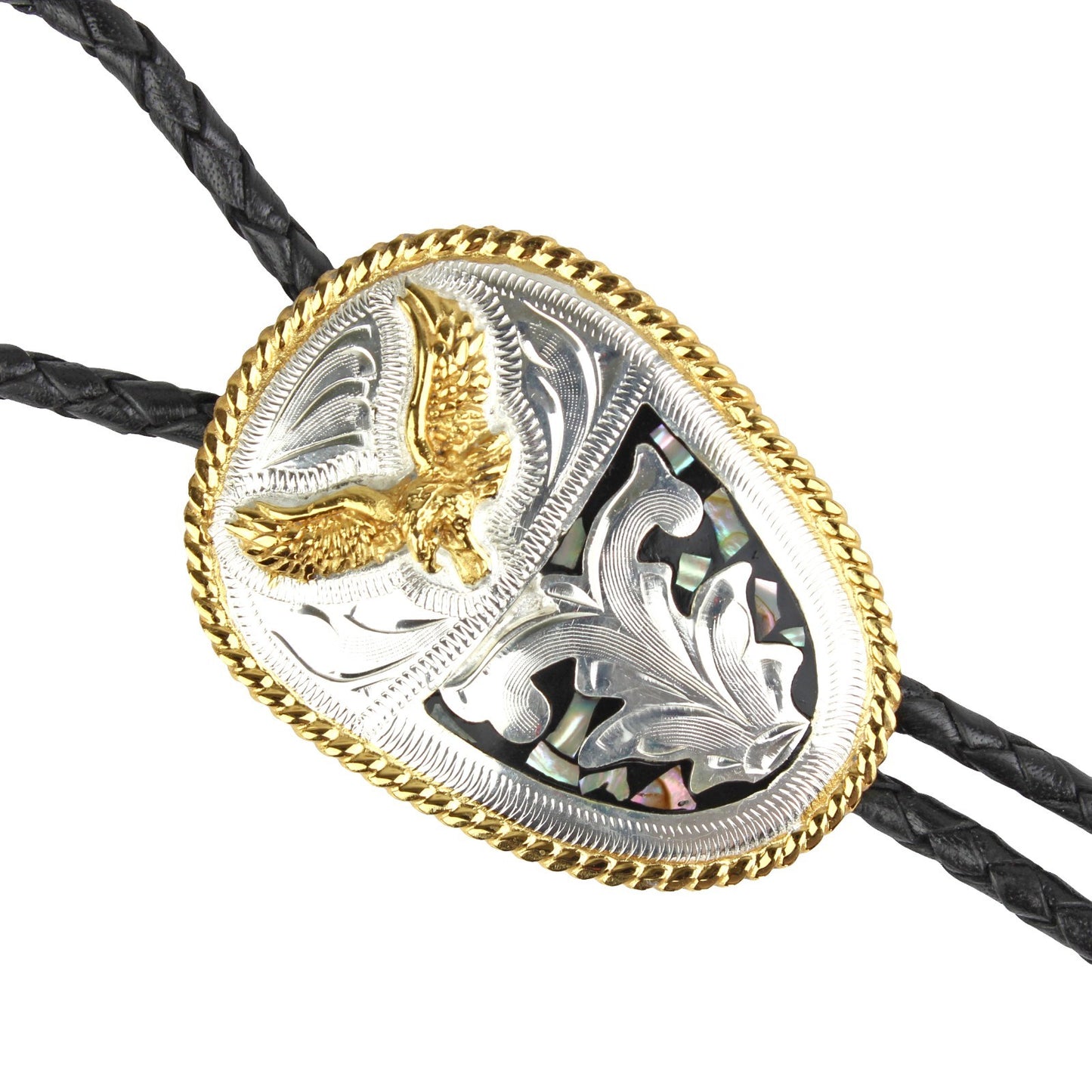 Western Cowboy Bolo Tie Eagle Abalone German Silver Etched Pendant 36 inch Cord