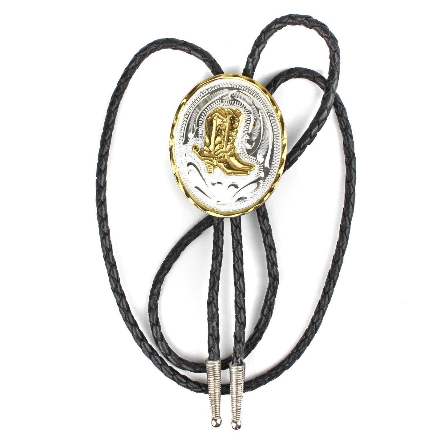 Western Cowboy Bolo Tie Double Boots German Silver Etched Pendant 36 inch Cord