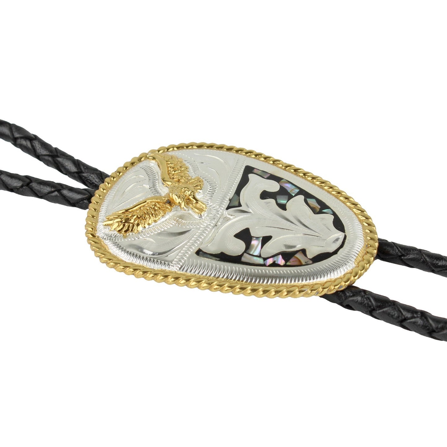 Western Cowboy Bolo Tie Eagle Abalone German Silver Etched Pendant 36 inch Cord
