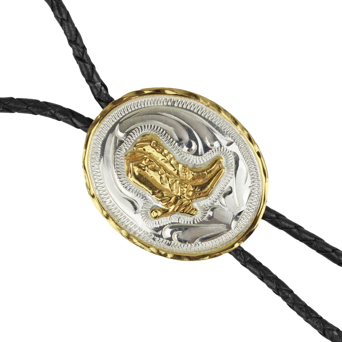 Western Cowboy Bolo Tie Double Boots German Silver Etched Pendant 36 inch Cord