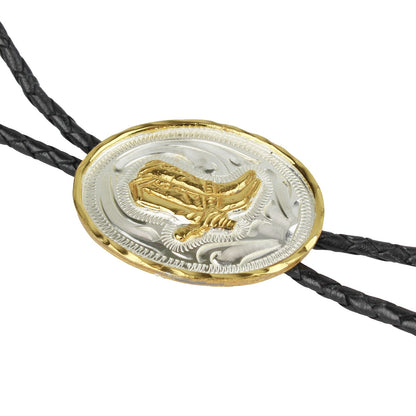 Western Cowboy Bolo Tie Double Boots German Silver Etched Pendant 36 inch Cord
