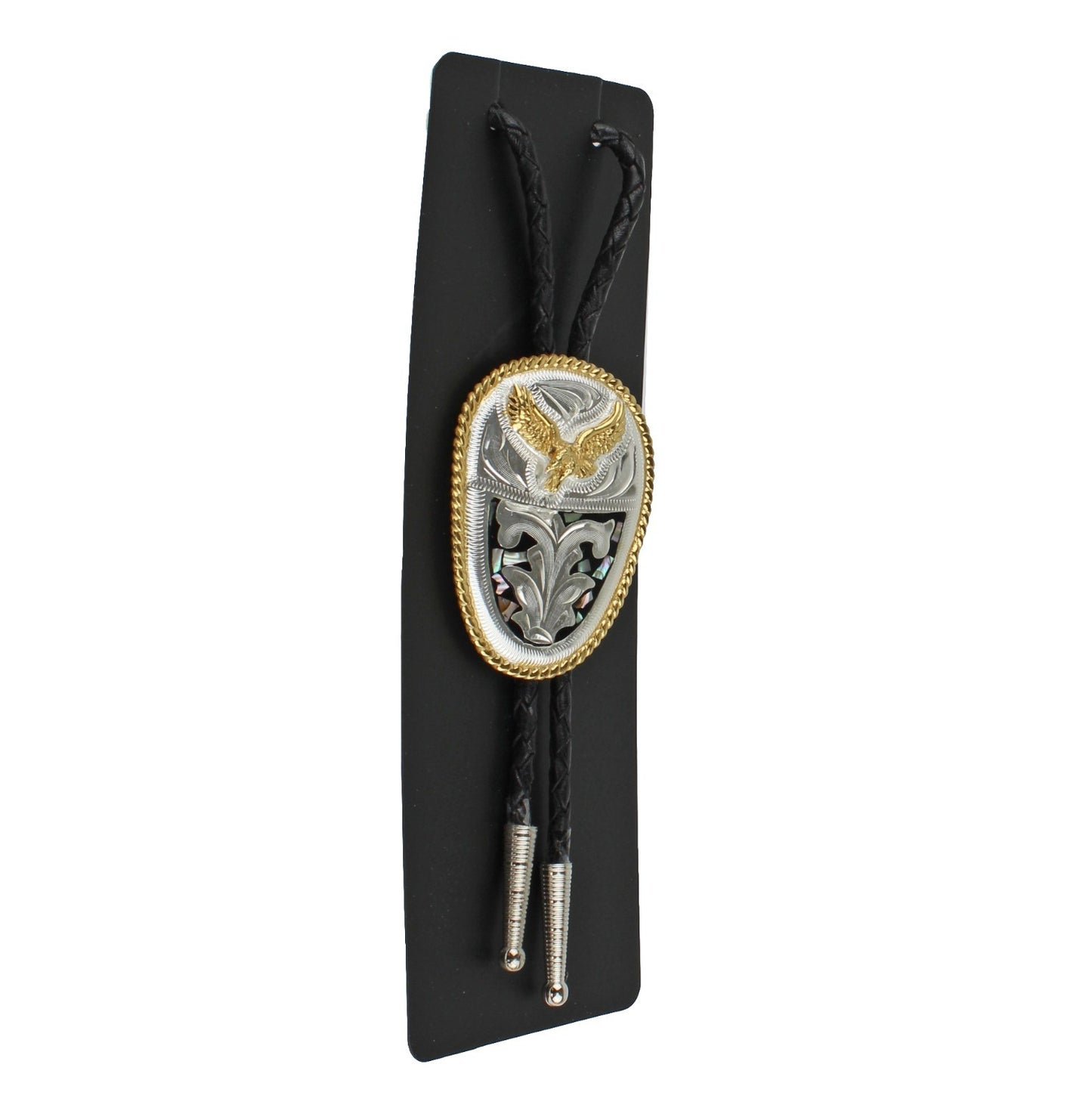 Western Cowboy Bolo Tie Eagle Abalone German Silver Etched Pendant 36 inch Cord