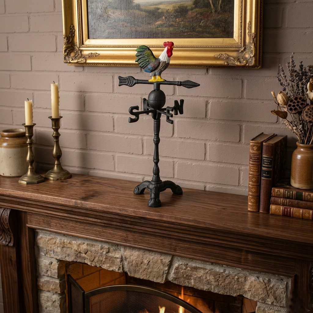 Black Cast Iron Decorative Rooster Weathervane Mantel Shelf Decor 14 inch Tall