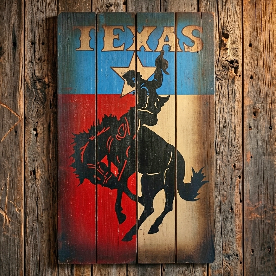 Wooden Texas Flag Bucking Horse Cowboy Wall Decor Rustic Weathered 16.5 inch