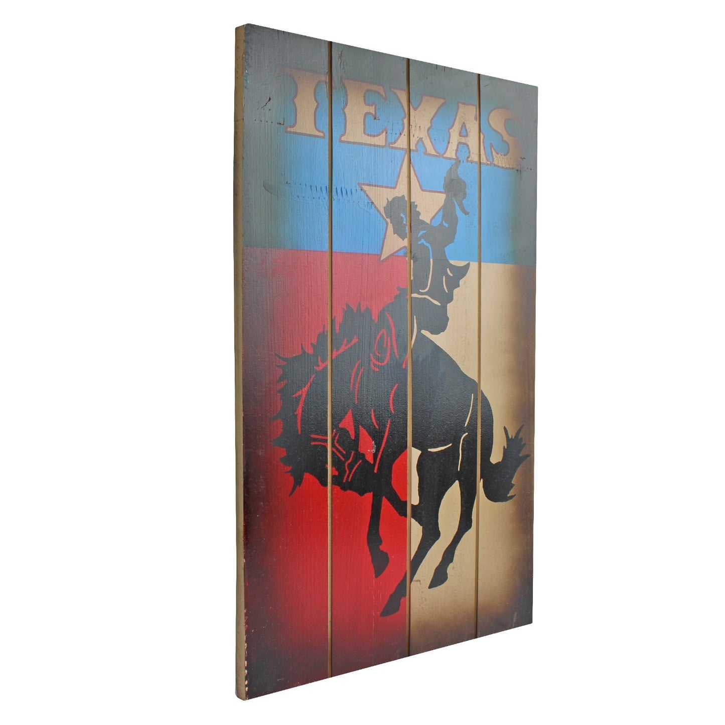 Wooden Texas Flag Bucking Horse Cowboy Wall Decor Rustic Weathered 16.5 inch