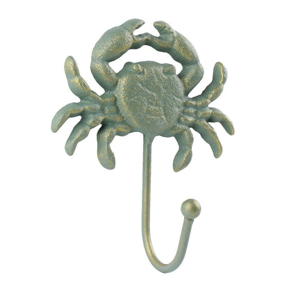 Cast Iron Crab Nautical Wall Hook Key Towel Coat Hanger Verdigris Green & Gold