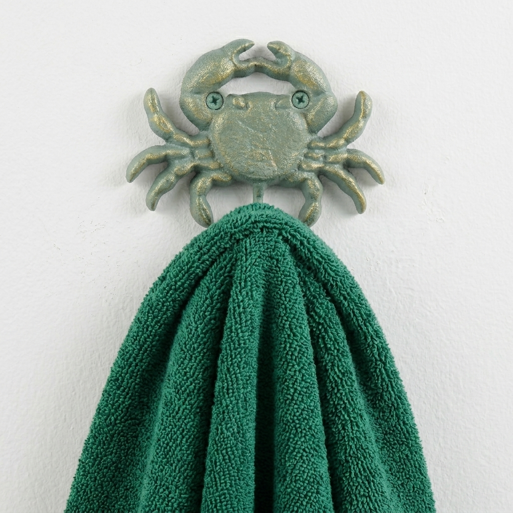 Cast Iron Crab Nautical Wall Hook Key Towel Coat Hanger Verdigris Green & Gold