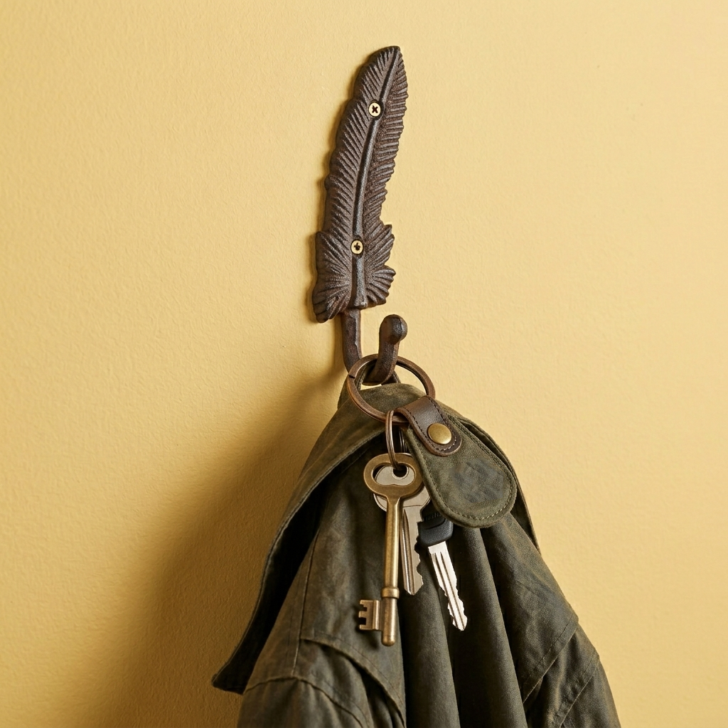 Cast Iron Feather Wall Hook Key Towel Coat Hanger Antique Style Rustic Brown